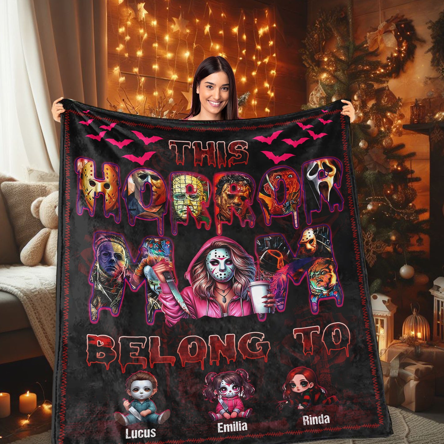 Custom Horror Mom Woven Cozy Blanket, This Horror Mom Belong To Gift Fleece Blanket, Custom Name For Kids