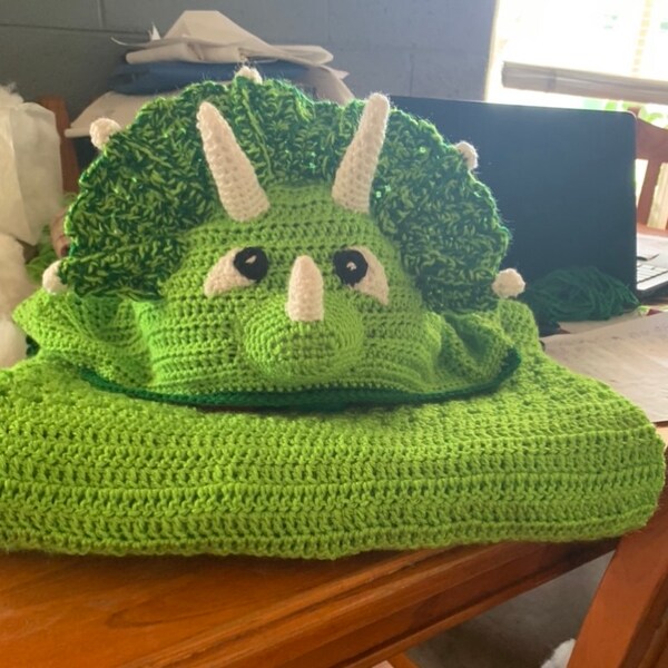 Handmade Dinosaur Crochet Blanket for Kids – Blue Triceratops Hooded Throw – Fun Cozy Gift for Boys or Girls – Custom Animal Blanket