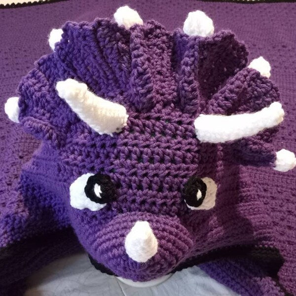 Handmade Dinosaur Crochet Blanket for Kids – Blue Triceratops Hooded Throw – Fun Cozy Gift for Boys or Girls – Custom Animal Blanket