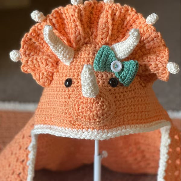Handmade Dinosaur Crochet Blanket for Kids – Blue Triceratops Hooded Throw – Fun Cozy Gift for Boys or Girls – Custom Animal Blanket