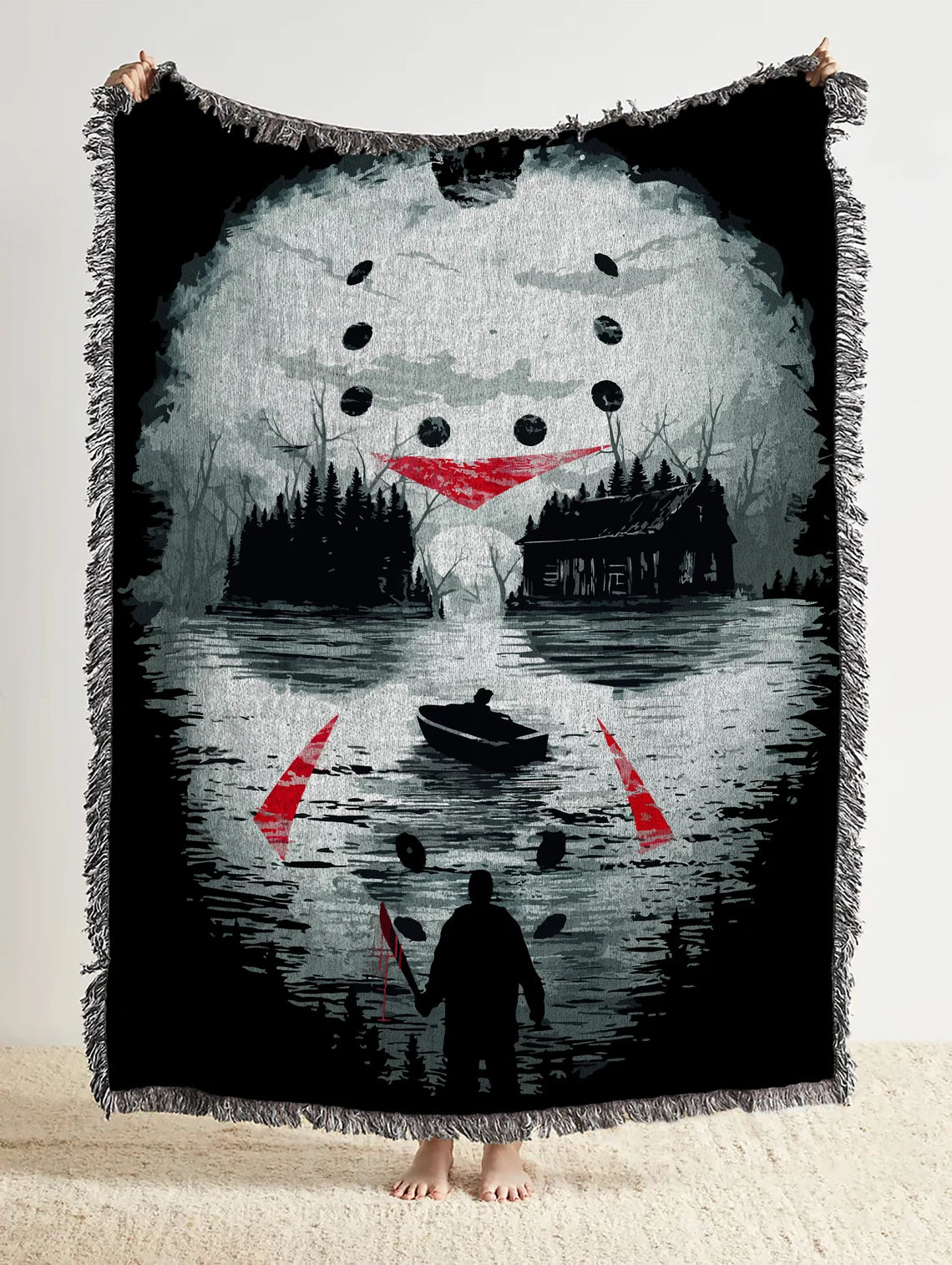Custom Horror Movie Woven Throw Blanket: Jason Voorhees Woven Tapestry and Friday 13th Cotton Blanket, Great Halloween Throw Blanket and Goth Decor