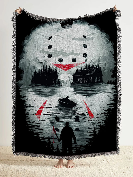Custom Horror Movie Woven Throw Blanket: Jason Voorhees Woven Tapestry and Friday 13th Cotton Blanket, Great Halloween Throw Blanket and Goth Decor