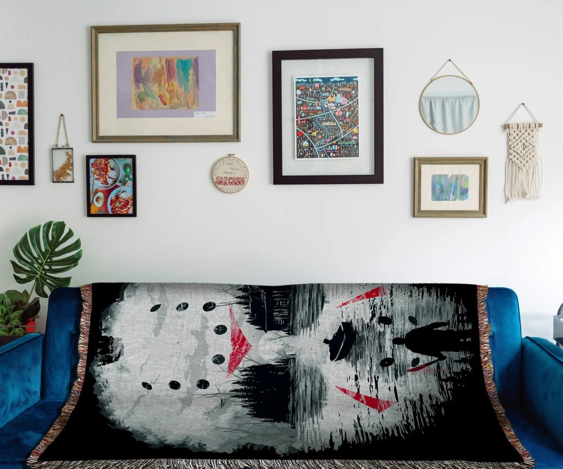 Custom Horror Movie Woven Throw Blanket: Jason Voorhees Woven Tapestry and Friday 13th Cotton Blanket, Great Halloween Throw Blanket and Goth Decor