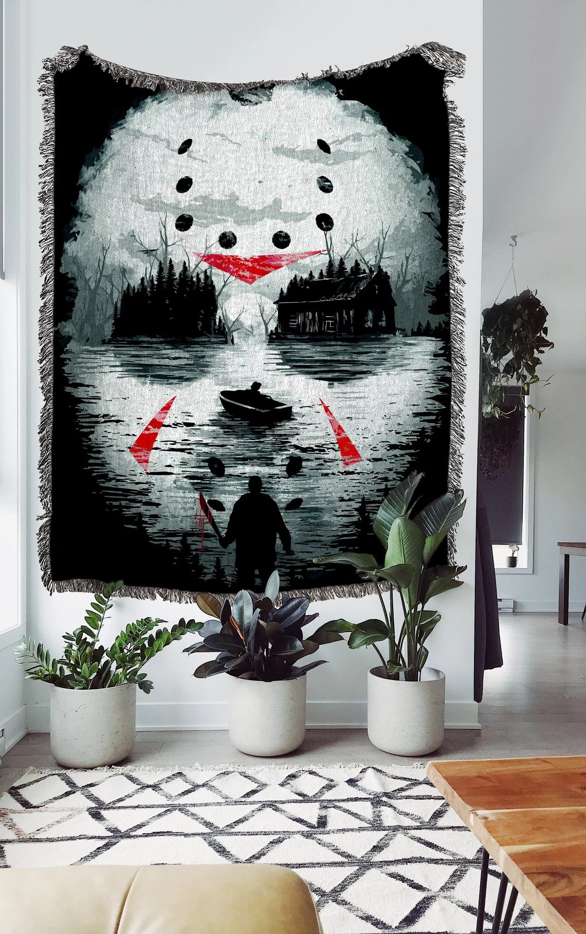 Custom Horror Movie Woven Throw Blanket: Jason Voorhees Woven Tapestry and Friday 13th Cotton Blanket, Great Halloween Throw Blanket and Goth Decor