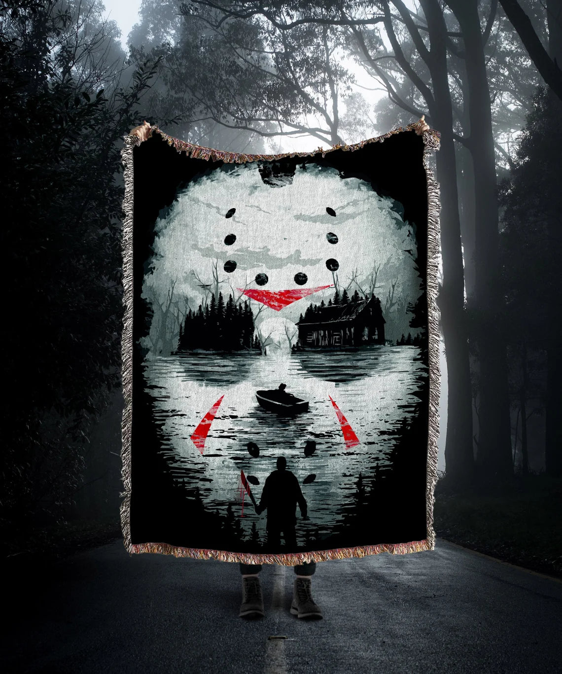 Custom Horror Movie Woven Throw Blanket: Jason Voorhees Woven Tapestry and Friday 13th Cotton Blanket, Great Halloween Throw Blanket and Goth Decor