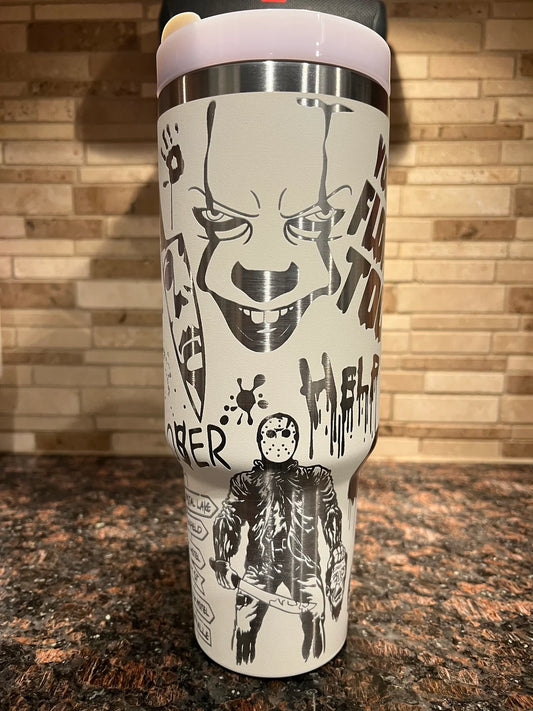 Laser Engraved Tumblers – Horror Movie Characters (Jason, Michael Myers, Pennywise & More) – 40oz Custom Tumblers for Horror Fans