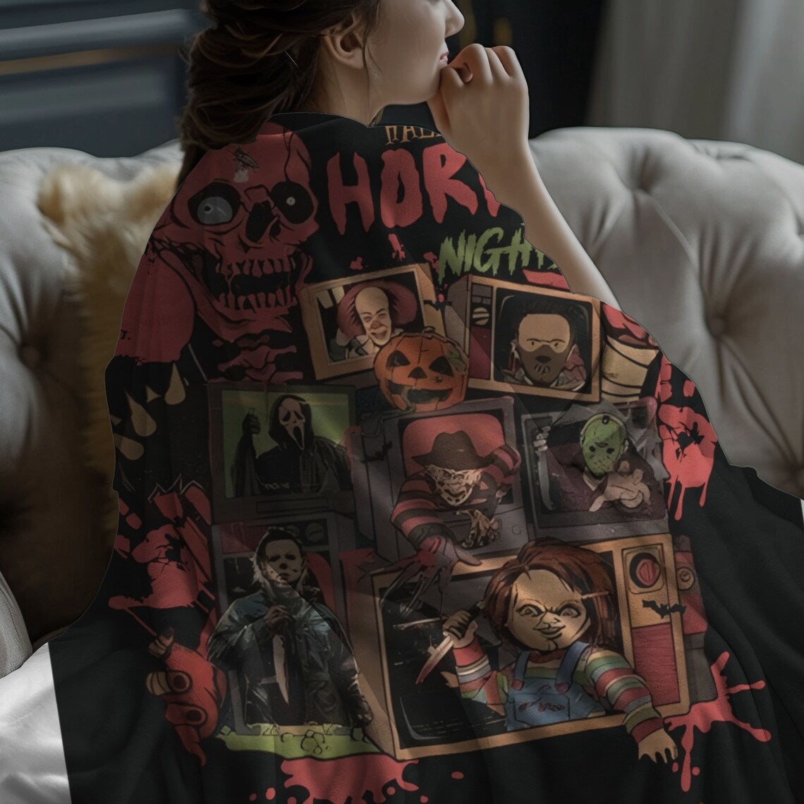 Personalized Horror Fan Blanket, Custom Scary Movie Blanket, Horror Movie lover, Halloween Blanket, Slasher Movie, Girlfriend Gift