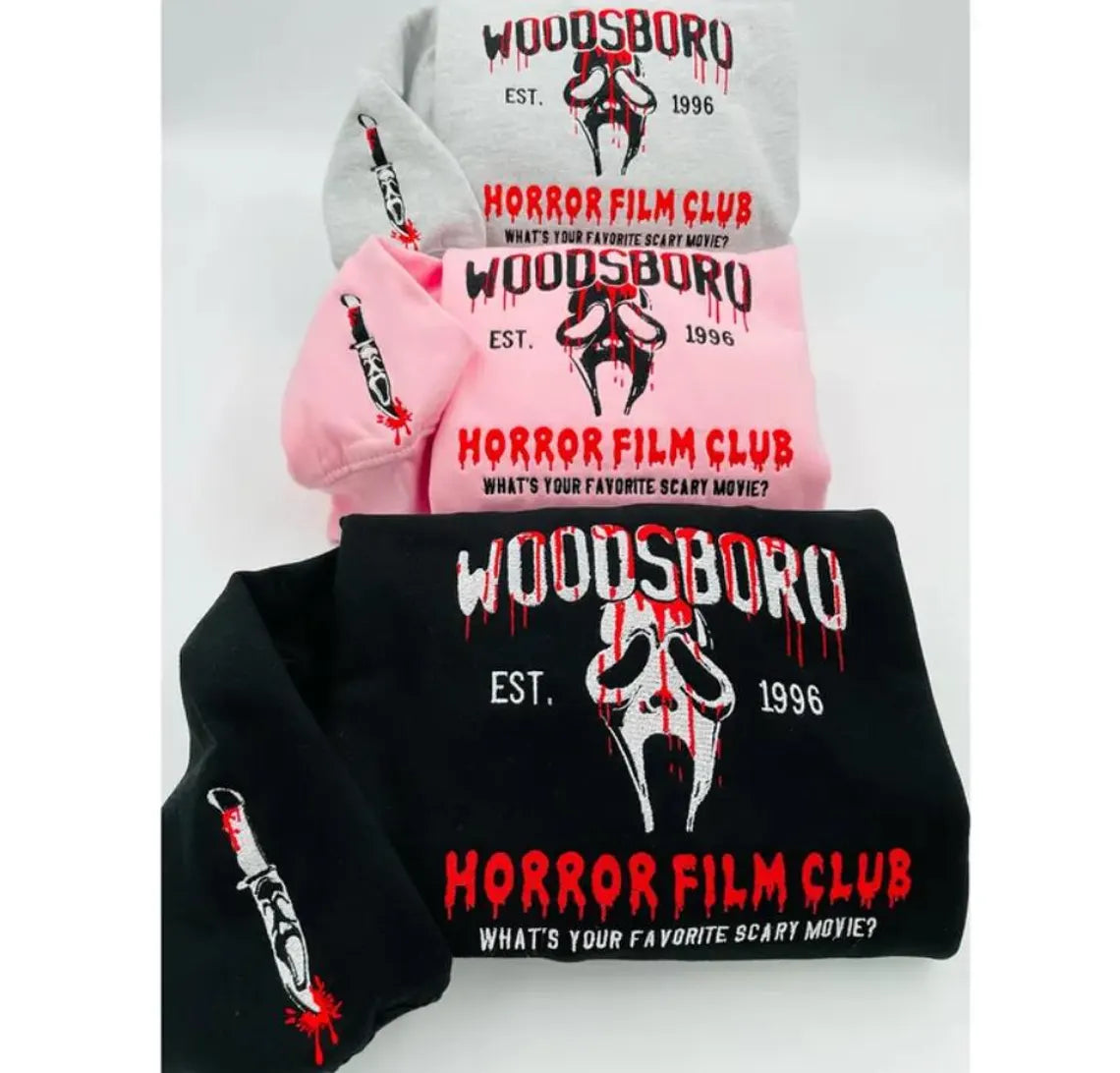 Vintage Horror Film Club Embroidered Hoodie – Spooky Season Sweatshirt for Horror Movie Lovers
