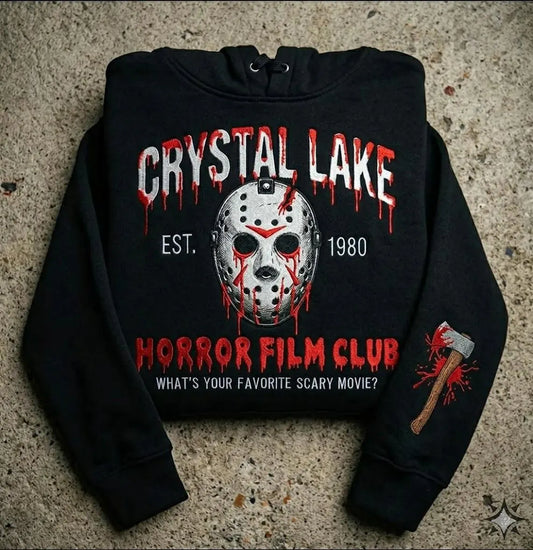 Vintage Horror Film Club Embroidered Hoodie – Retro Slasher Fan Sweatshirt, Spooky Season Halloween Apparel