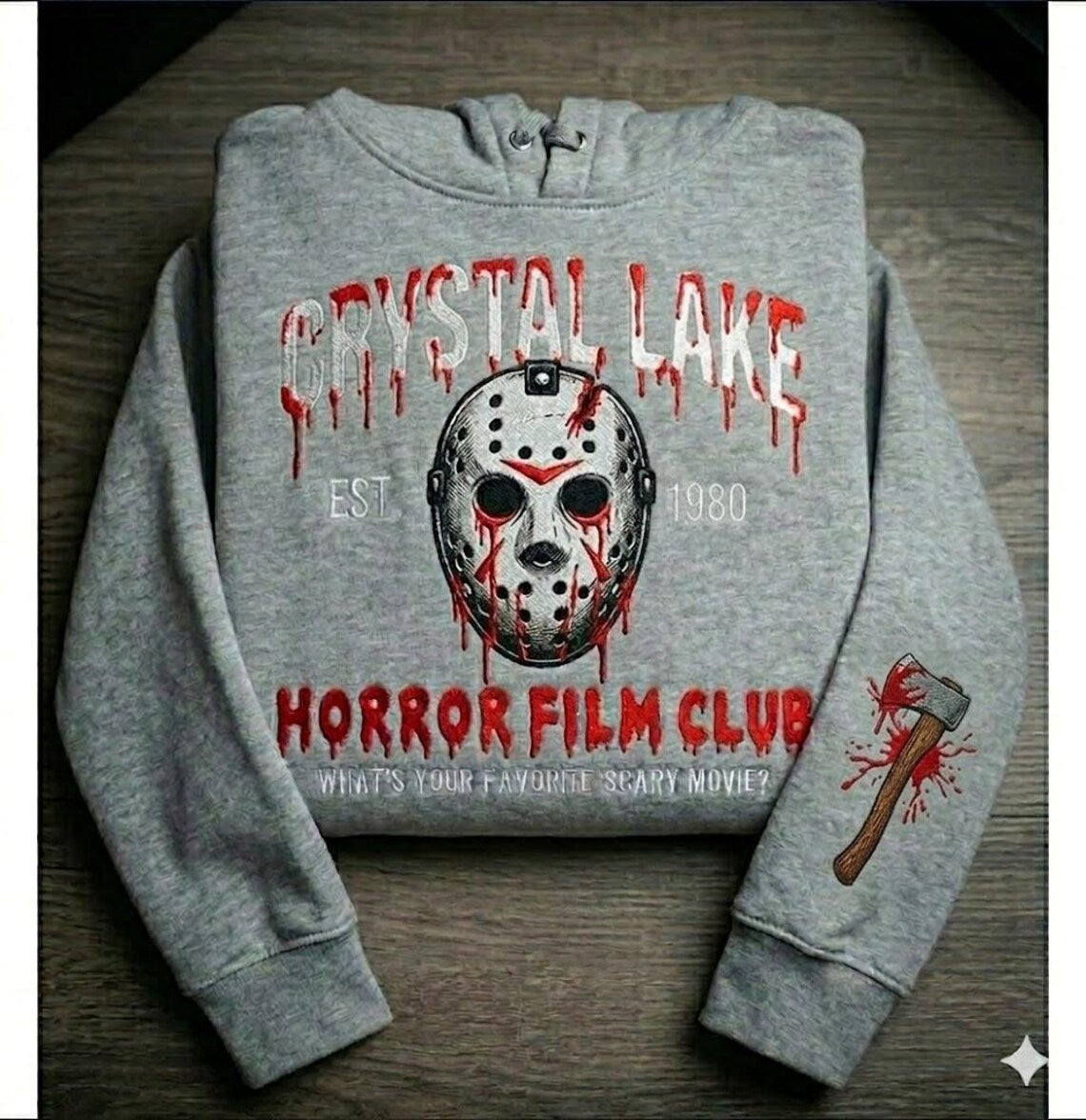 Vintage Horror Film Club Embroidered Hoodie – Retro Slasher Fan Sweatshirt, Spooky Season Halloween Apparel