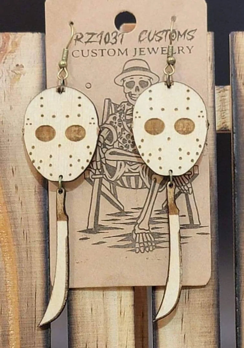 Personalized Friday the 13th, style wooden earrings. Horror, hockey mask and machete.
