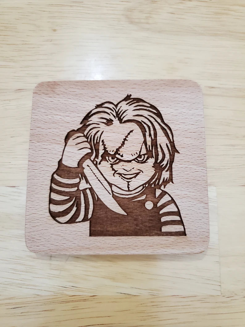Personalized Set of 4 Horror Movie Beechwood Coasters | Halloween Decor | Laser Engraved Drink Mats | Beer Wine Bar Accessories