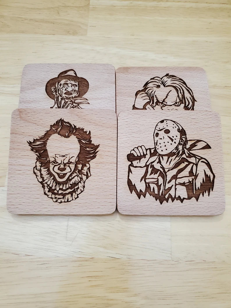 Personalized Set of 4 Horror Movie Beechwood Coasters | Halloween Decor | Laser Engraved Drink Mats | Beer Wine Bar Accessories