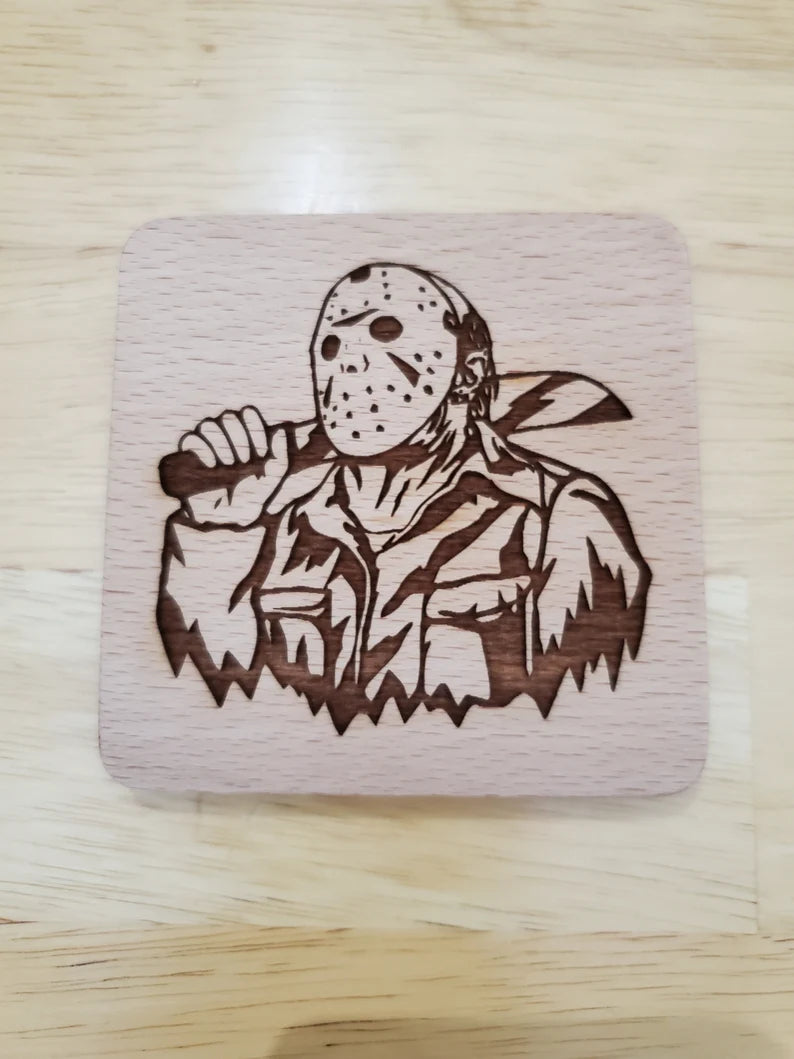 Personalized Set of 4 Horror Movie Beechwood Coasters | Halloween Decor | Laser Engraved Drink Mats | Beer Wine Bar Accessories