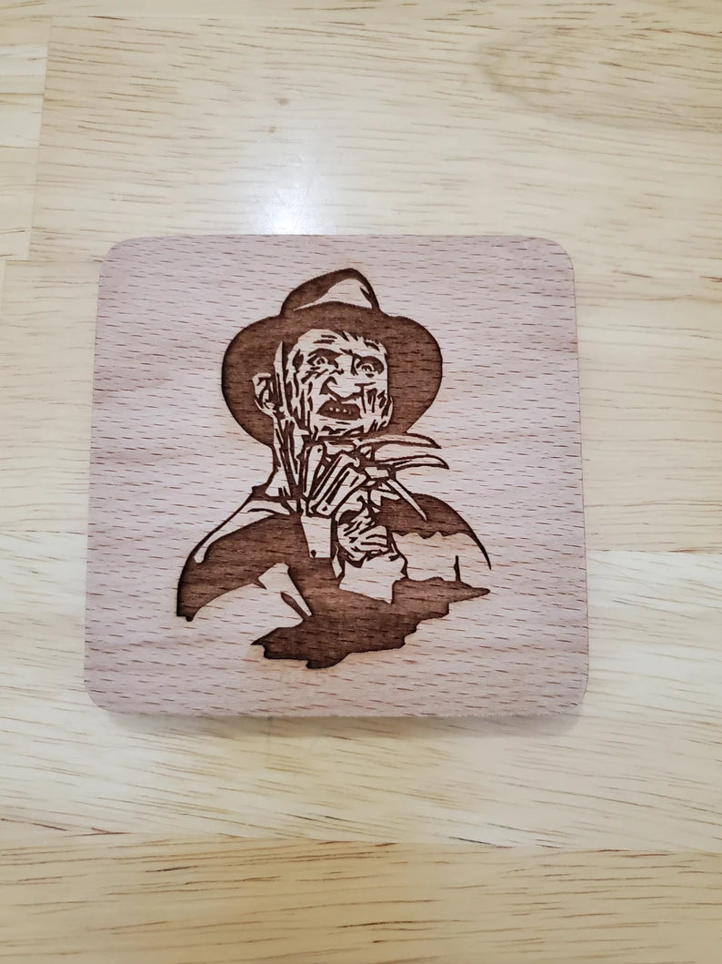 Personalized Set of 4 Horror Movie Beechwood Coasters | Halloween Decor | Laser Engraved Drink Mats | Beer Wine Bar Accessories