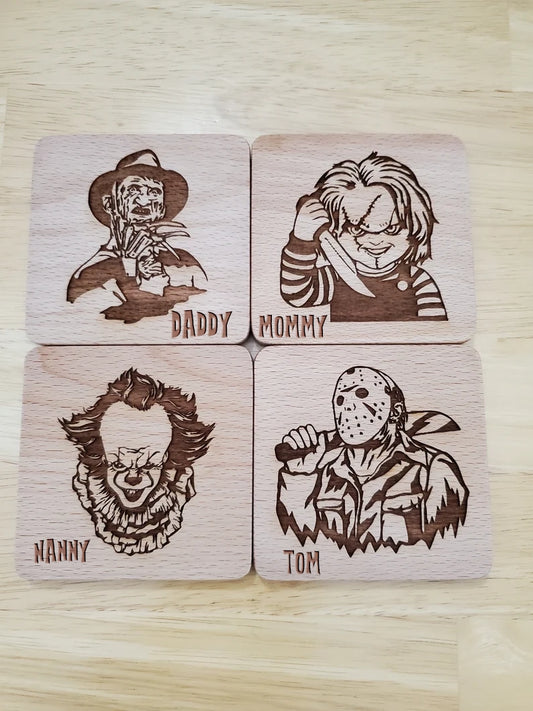 Personalized Set of 4 Horror Movie Beechwood Coasters | Halloween Decor | Laser Engraved Drink Mats | Beer Wine Bar Accessories