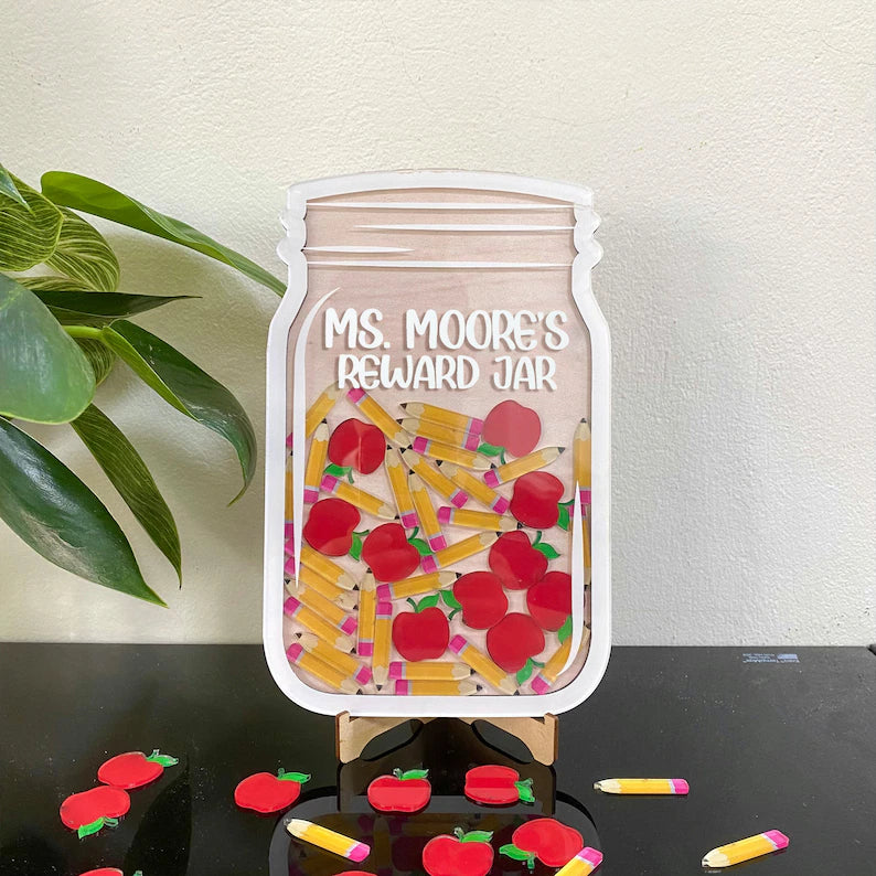 Custom Reward Jar for Classroom, Apples and Pencils Reward Jar for Teacher, Back To School Gift, Classroom Decor, Teacher Reward Jar Gift