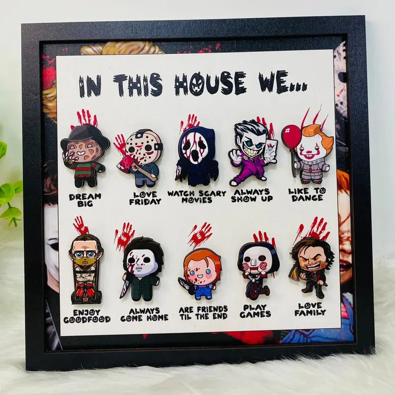 🎃 Personalized "In This House We..." Halloween Horror 3D Wooden Sign 🎃 Handcrafted 3D Wooden Frame Sign