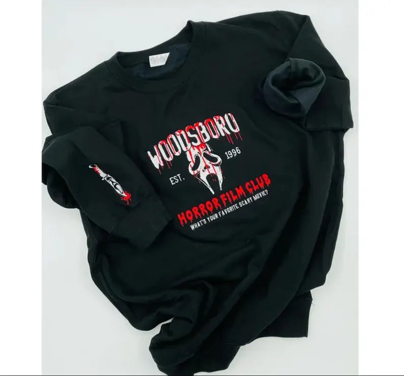 Vintage Horror Film Club Embroidered Hoodie – Spooky Season Sweatshirt for Horror Movie Lovers