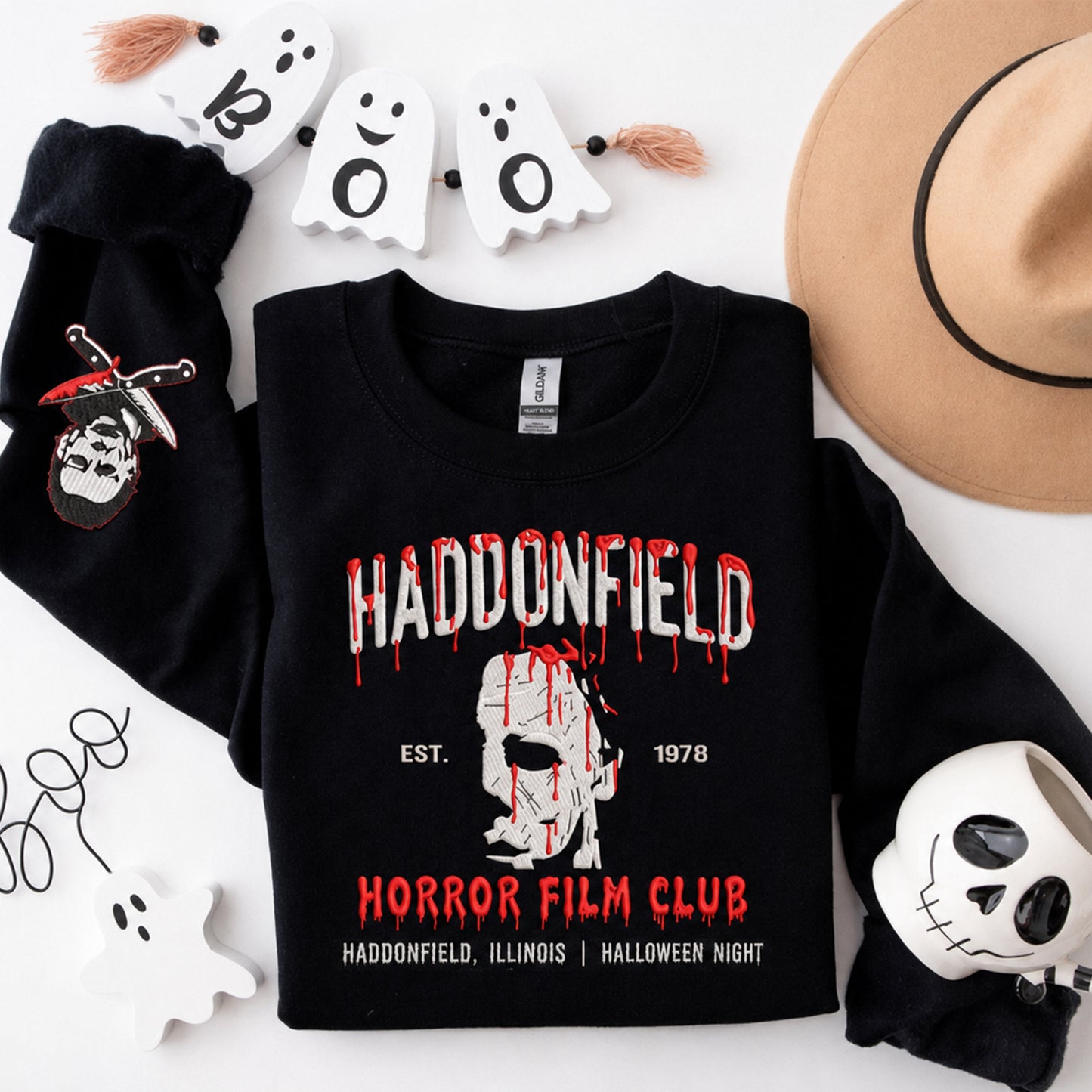 Halloween Horror Film Club Embroidered Hoodie – Vintage Horror Fan Sweatshirt, Spooky Season Pullover, Halloween Movie Lover Gift