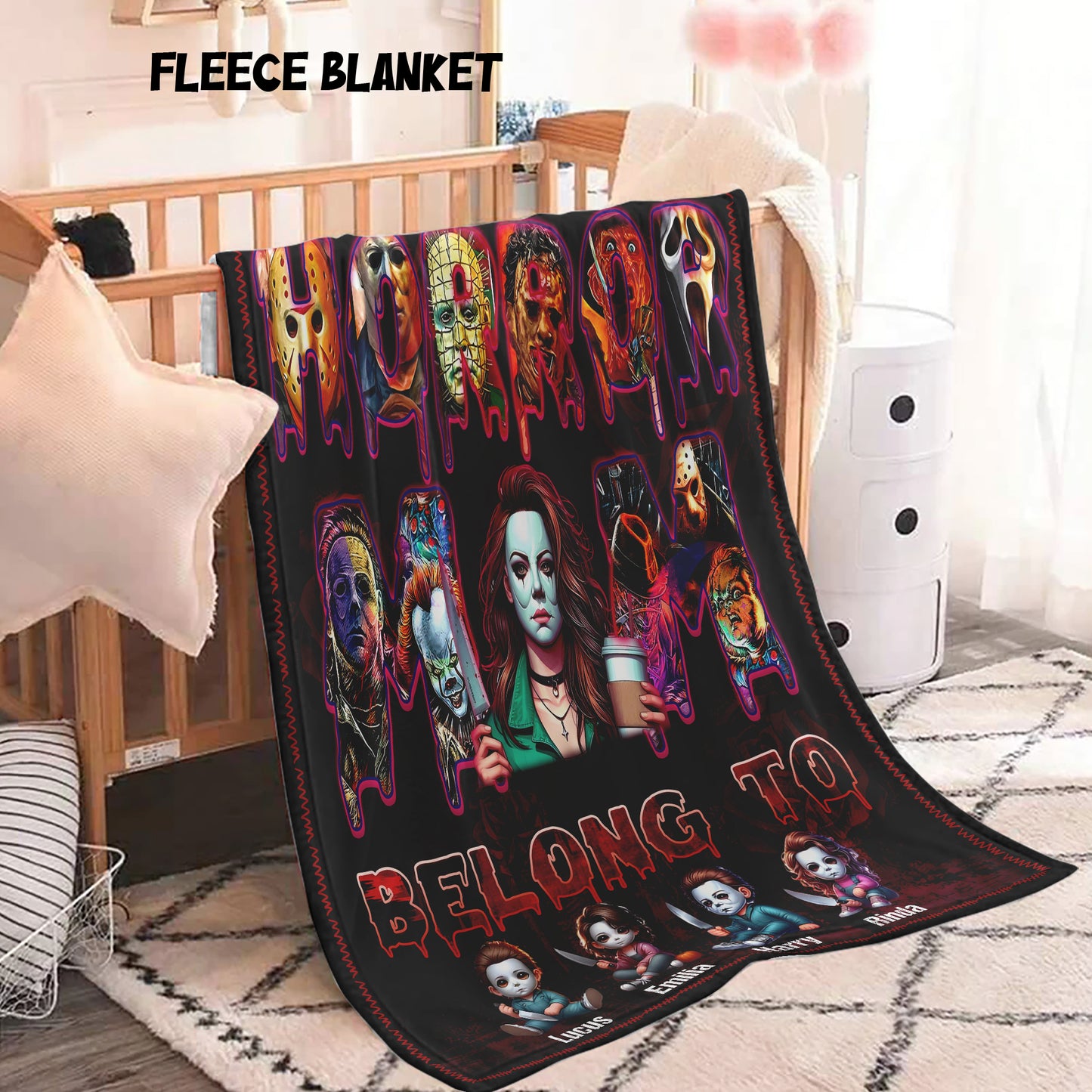 Custom Horror Mom Woven Cozy Blanket, This Horror Mom Belong To Gift Fleece Blanket, Custom Name For Kids