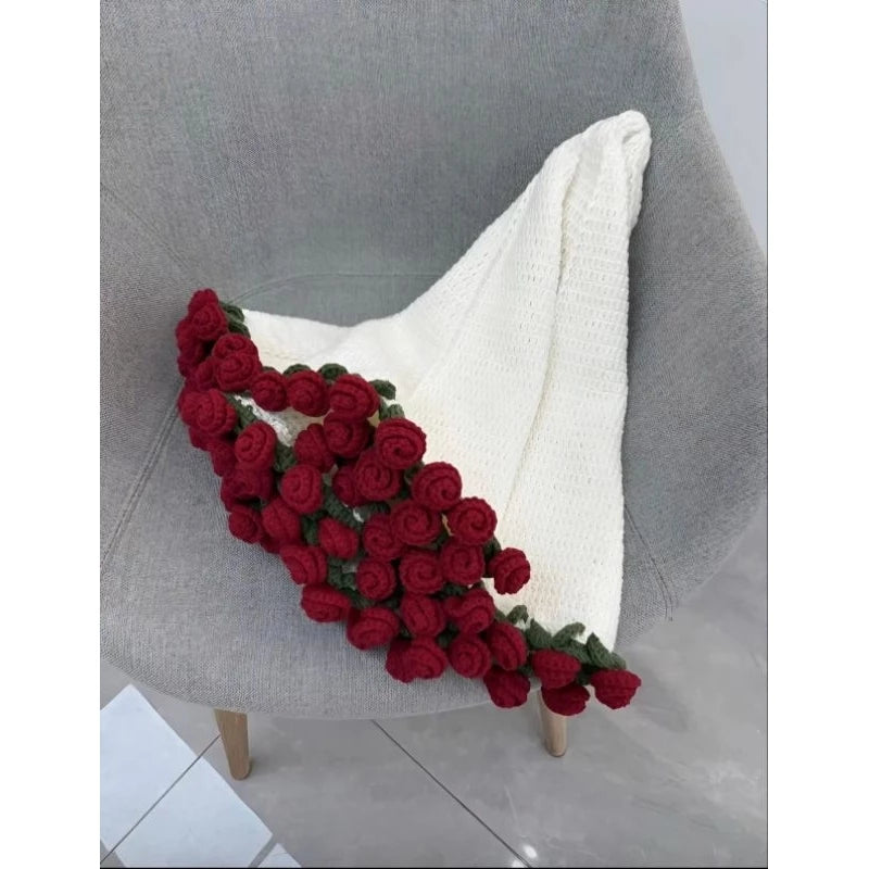 Personalized Crochet Flower Bouquet Blanket,Crocheted 3D Red Rose Bouquet,Granny Square Afghan, Knitted Sofa Blanket, Mother's Day Gift